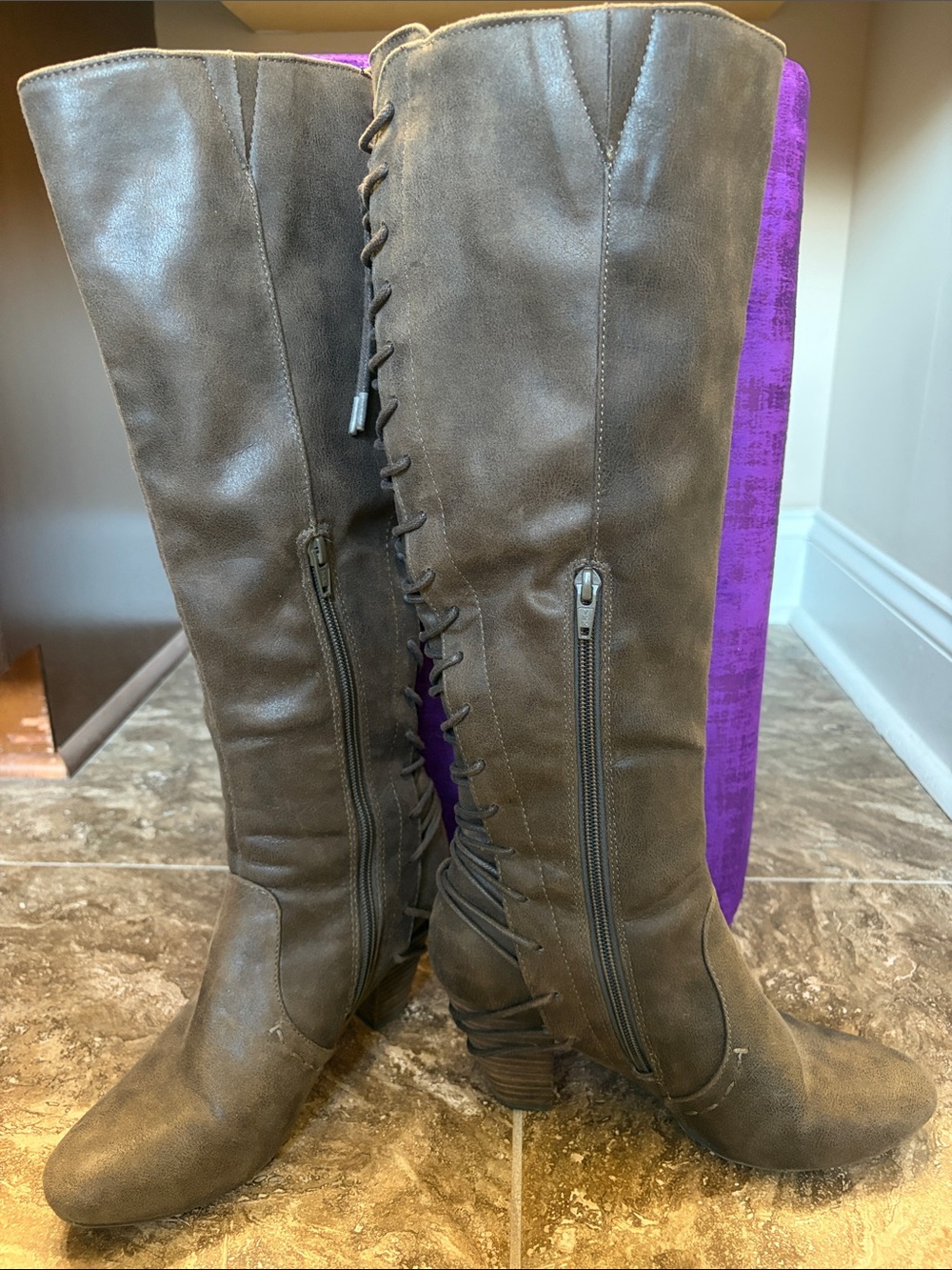 Women's Brownish Grey Knee-High Boots with Decorative Lace